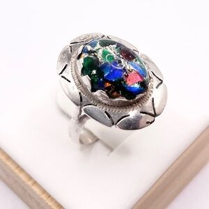 Size 7.5 Vintage Dichroic Glass 925 Sterling Silver Ring
